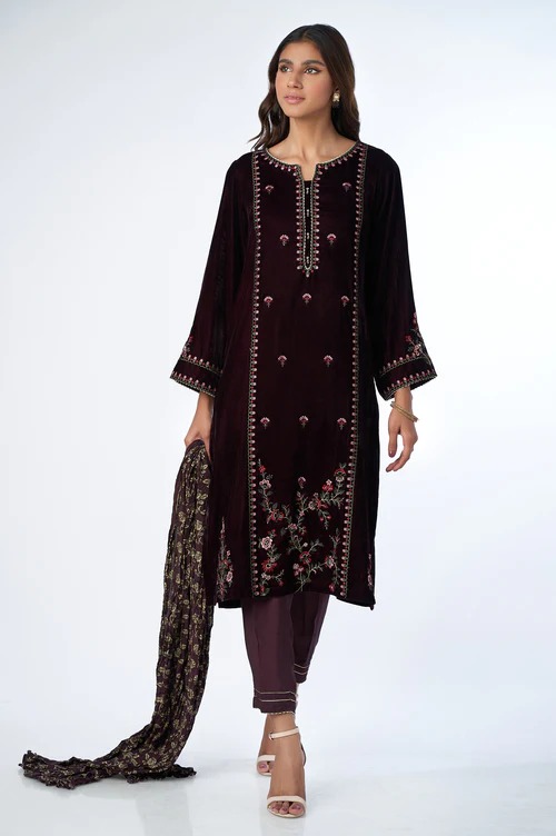 Stitched 3 Piece Velvet Embroidered Suit